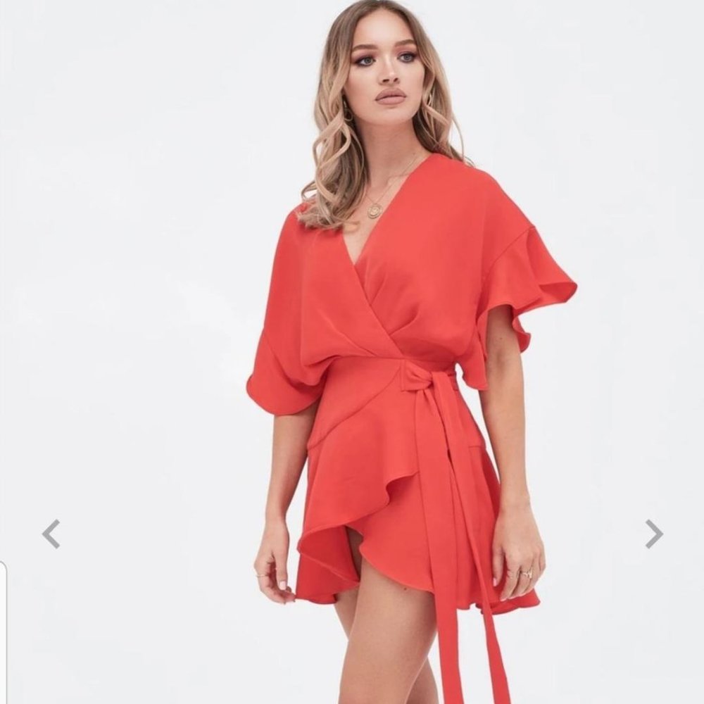 frill sleeve wrap mini dress in scarlet red